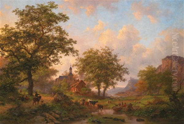 Sommerlandschaft Mit Rastenden Hirten Und Herde Oil Painting by Frederik Marinus Kruseman