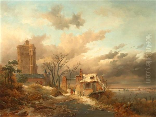 Winterlandschaft Mit Reisigsammler An Einem Zugefrorenen Fluss Oil Painting by Frederik Marinus Kruseman