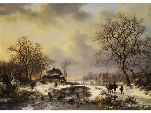 Eisvergnugen In Einer Winterlandschaft by Frederik Marinus Kruseman