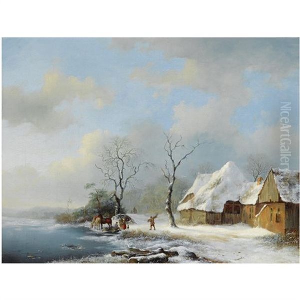 Woodgatherers In A Snowy Landscape Oil Painting by Frederik Marinus Kruseman