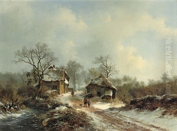 Villagers On A Snow-covered Path Oil Painting by Frederik Marinus Kruseman