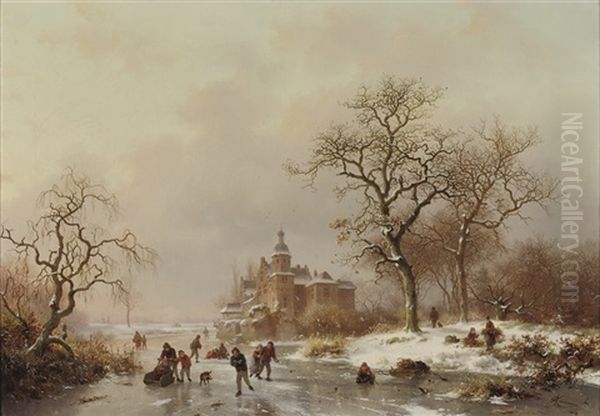 An Afternoon On The Ice Near A Castle Oil Painting by Frederik Marinus Kruseman