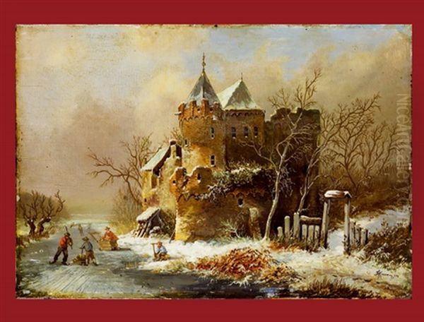 Winterlandschaft Mit Schlittschuhlaufern Oil Painting by Frederik Marinus Kruseman