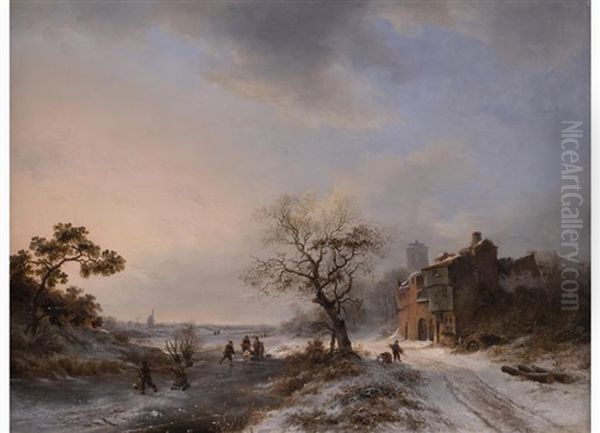 Eisvergnugen In Einer Hollandischen Landschaft Oil Painting by Frederik Marinus Kruseman