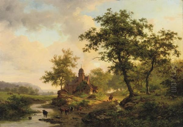 Cattle Drinking From A Stream In A Summer Landscape Oil Painting by Frederik Marinus Kruseman