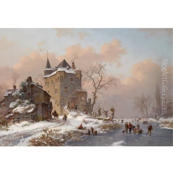 Skaters Near A Castle On A Wintry Day Oil Painting by Frederik Marinus Kruseman