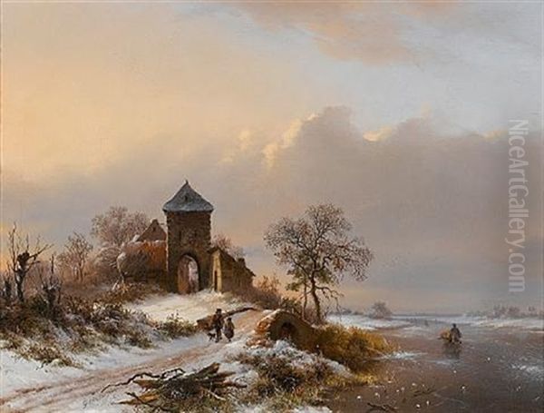 Winter Landscape With The Entrance Gate Of The Brewery At Vilvoorde Oil Painting by Frederik Marinus Kruseman