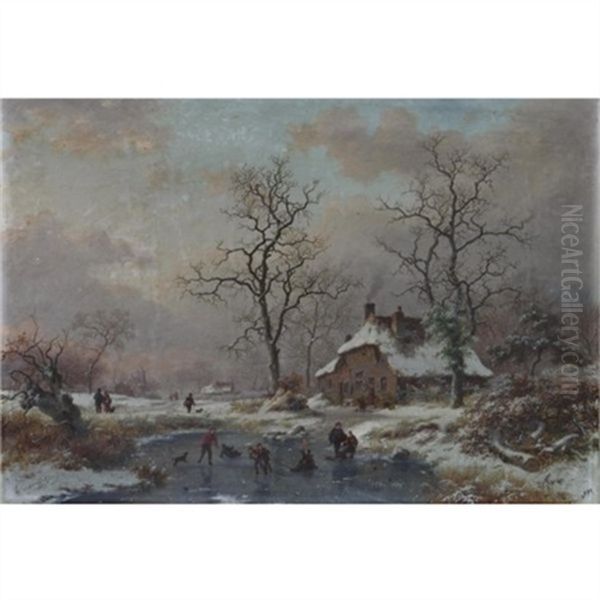 The Frozen Pond Oil Painting by Frederik Marinus Kruseman