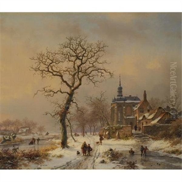 Winter Scene With Children Playing On The Ice Oil Painting by Frederik Marinus Kruseman