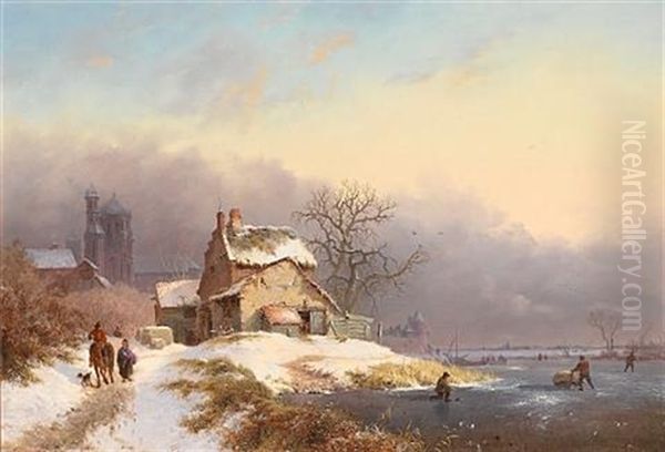 Villagers By A Frozen River Oil Painting by Frederik Marinus Kruseman