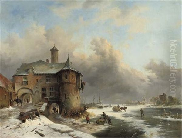 Villagers On A Frozen River By A Towngate Oil Painting by Frederik Marinus Kruseman