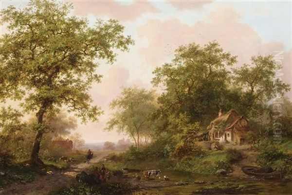 Cattle In A Summer Landscape Oil Painting by Frederik Marinus Kruseman