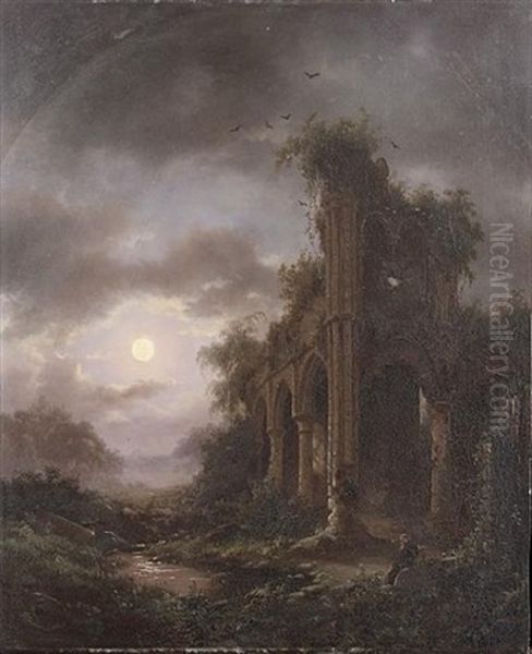 The Ruins Of The Abbey Of Villers-la-ville By Moonlight Oil Painting by Frederik Marinus Kruseman