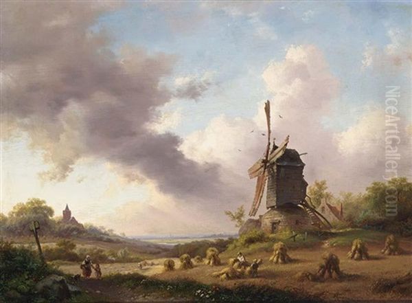 A Summer Landscape With Harvesting Farmers Near The Windmill Of Evere (augustus) Oil Painting by Frederik Marinus Kruseman