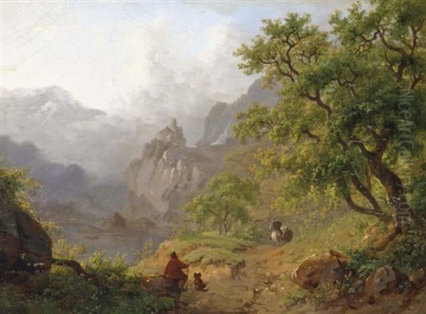 Travellers Resting On A Path In A Mountainous Landscape Oil Painting by Frederik Marinus Kruseman