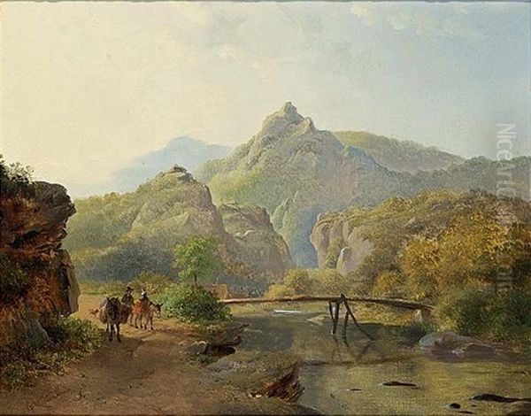 Travellers By A River In A Mountainous Landscape Oil Painting by Frederik Marinus Kruseman