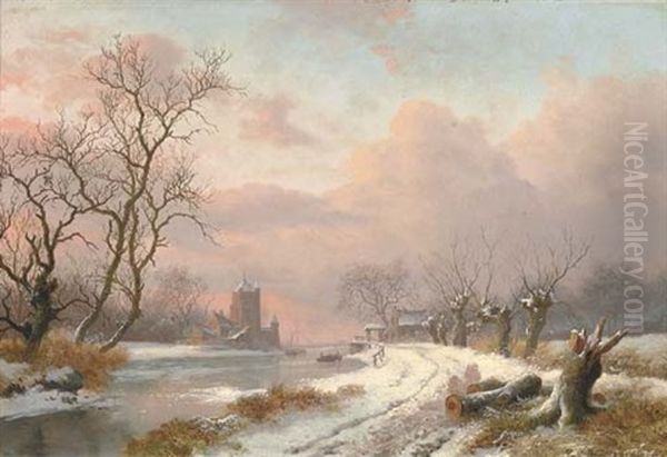 A Dutch River Landscape In Winter Oil Painting by Frederik Marinus Kruseman