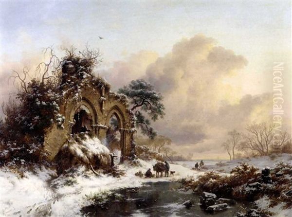 Winter Landscape With Figures In Brederode, Near Haarlem Oil Painting by Frederik Marinus Kruseman