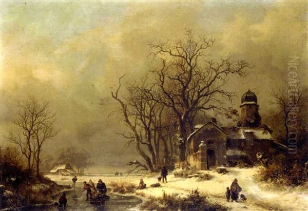 Figures In A Winter Landscape Oil Painting by Frederik Marinus Kruseman