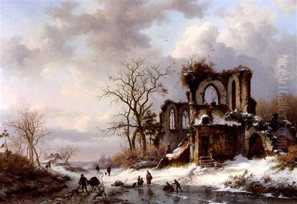 A Winter Landscape With Figures By A Gothic Ruin Oil Painting by Frederik Marinus Kruseman