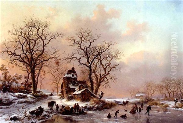 A Winter Landscape With Skaters Near A Hamlet Oil Painting by Frederik Marinus Kruseman