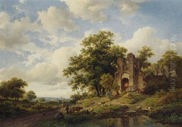 Summer Landscape With A View Of The Ruins Of The Brederode Castle Oil Painting by Frederik Marinus Kruseman