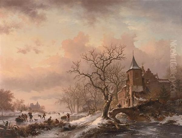 Castle In A Winter Landscape And Skaters On A Frozen River Oil Painting by Frederik Marinus Kruseman