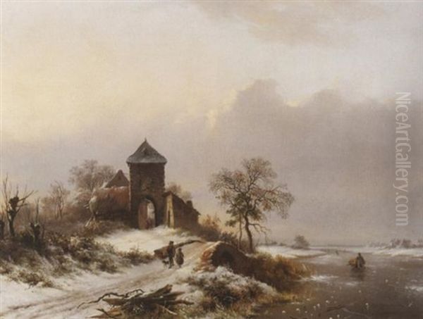 Winterliche Fluslandschaft. Am Ufer Heimkehrende Reisigsammler Vor Einem Gehoft by Frederik Marinus Kruseman