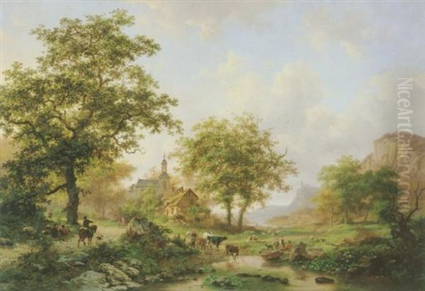 Weite Flusslandschaft Mit Hirtenstaffage Oil Painting by Frederik Marinus Kruseman