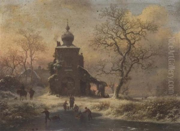 Winter Fun At Sunset By A Mansion Oil Painting by Frederik Marinus Kruseman