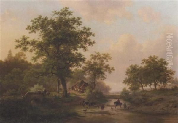 Cattle Passing A Ford In A Wooded Landscape In Summer Oil Painting by Frederik Marinus Kruseman