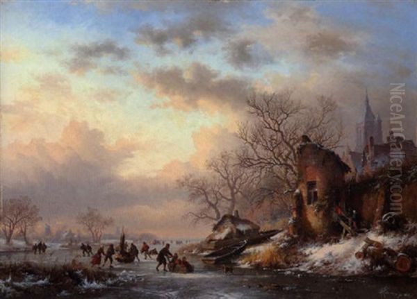 Eisvergnugen Vor Einer Alten Hollandsichen Stadt Oil Painting by Frederik Marinus Kruseman