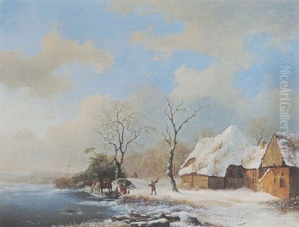 A Winter Landscape With Equestrians Near A Barn Oil Painting by Frederik Marinus Kruseman