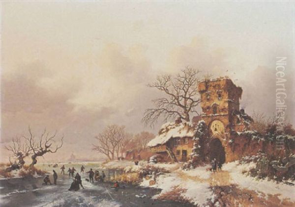 A Winter Landscape With Skaters Near A City Gate Oil Painting by Frederik Marinus Kruseman