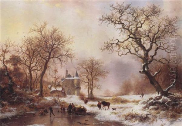 Skaters In A Winter Landscape Oil Painting by Frederik Marinus Kruseman