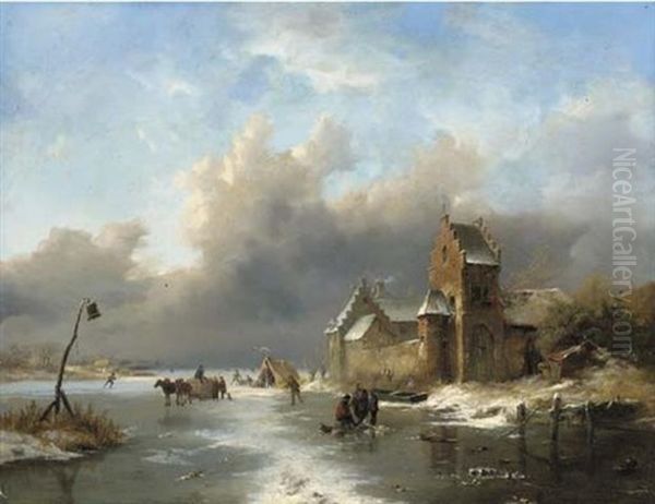 Winter Landscape With Figures On A Frozen River Oil Painting by Frederik Marinus Kruseman