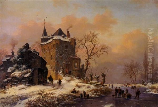 A Winter Landscape With Figures Skating And Others On A Path By A Castle Oil Painting by Frederik Marinus Kruseman