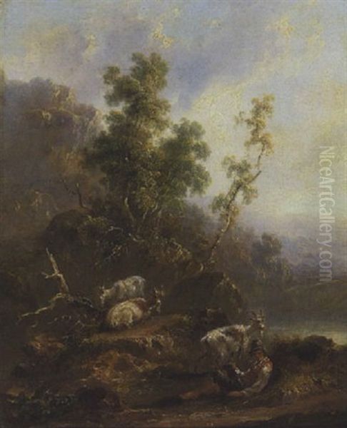 Hirte Mit Ziegen In Gebirgiger Landschaft Oil Painting by Frederik Marinus Kruseman