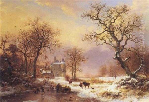 Skaters In A Winter Landscape Oil Painting by Frederik Marinus Kruseman