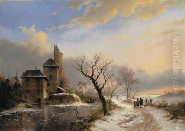 Winter Landscape With Figures Near A City Gate Oil Painting by Frederik Marinus Kruseman