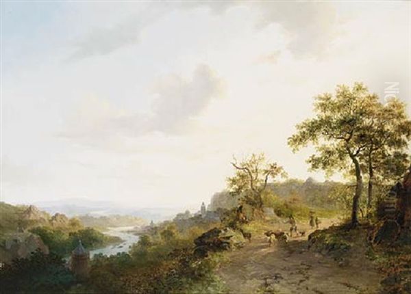 An Extensive Summer Landscape With A Shepherd And His Flock Oil Painting by Frederik Marinus Kruseman