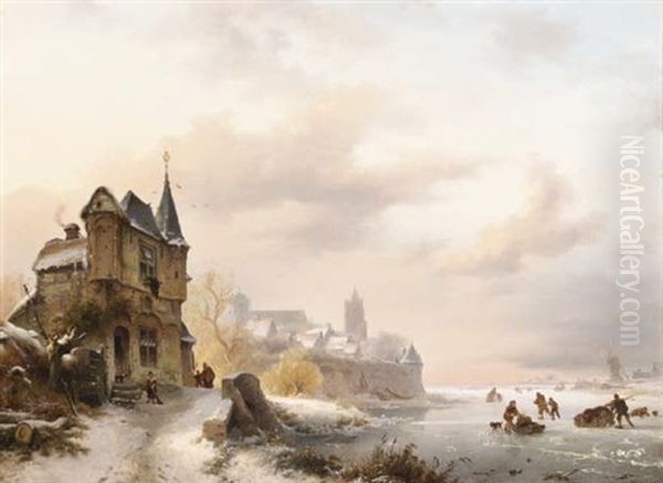 A Winter Landscape With Figures Skating By A Town Oil Painting by Frederik Marinus Kruseman