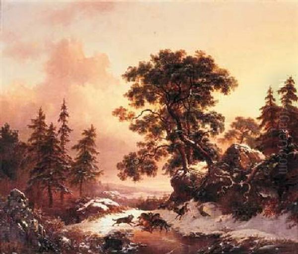 Wolves In A Winter Landscape Oil Painting by Frederik Marinus Kruseman