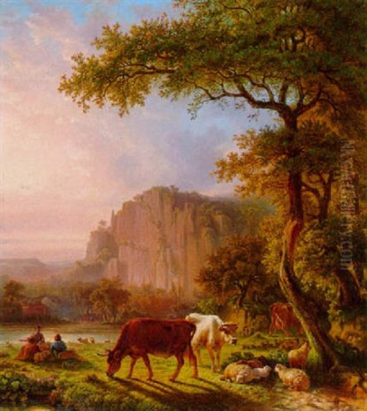 Hirten Mit Herde Am Fluss by Frederik Marinus Kruseman