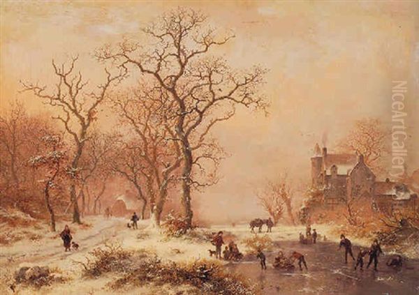 Ice Skating Oil Painting by Frederik Marinus Kruseman