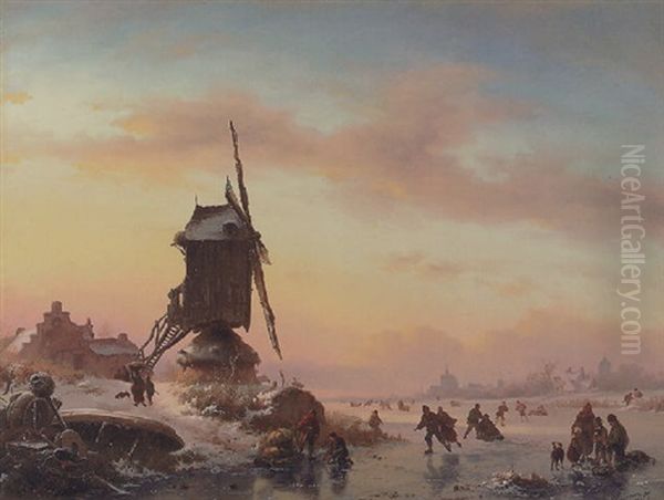 Winter Landscape With Skaters Near A Windmill Oil Painting by Frederik Marinus Kruseman