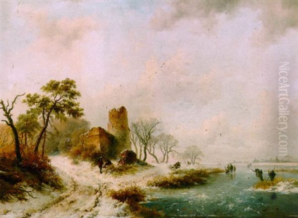 Wood Gatherers And Skaters In A Wintry Landscape Oil Painting by Frederik Marinus Kruseman