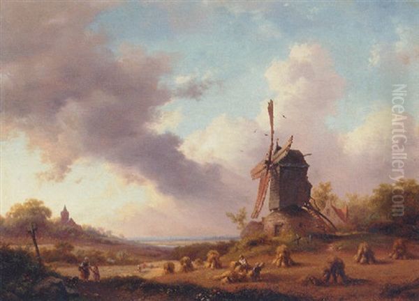 A Summer Landscape With Harvesting Farmers Oil Painting by Frederik Marinus Kruseman