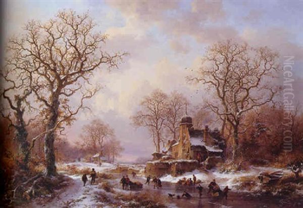 Skaters By A Snowcovered Castle At Dusk Oil Painting by Frederik Marinus Kruseman