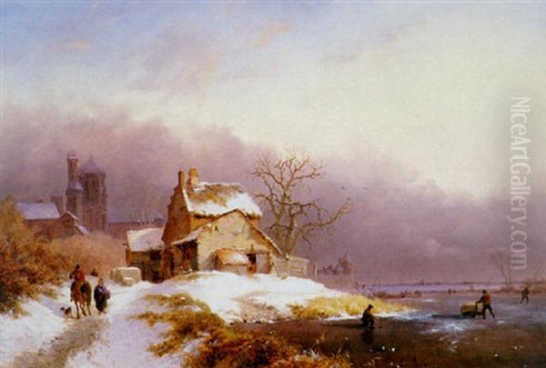 A Winter Landscape With Figures By A Snowy Village Oil Painting by Frederik Marinus Kruseman